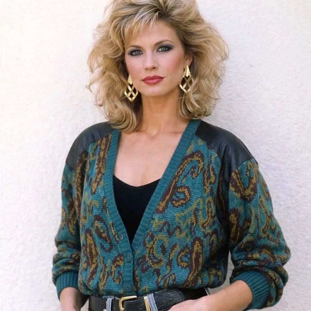 Vintage 80s Teal Paisley Cardigan Sweater Unisex Leather Shoulder Patches
